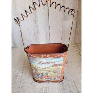 Happy Thanksgiving metal canister basket handled fall pumpkin